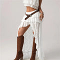 Women Layered Lace Long Skirts Solid Asymmetrical Ruffle Hem Flowy Skirts Boho Skirts
