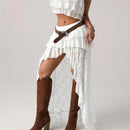 Women Layered Lace Long Skirts Solid Asymmetrical Ruffle Hem Flowy Skirts Boho Skirts