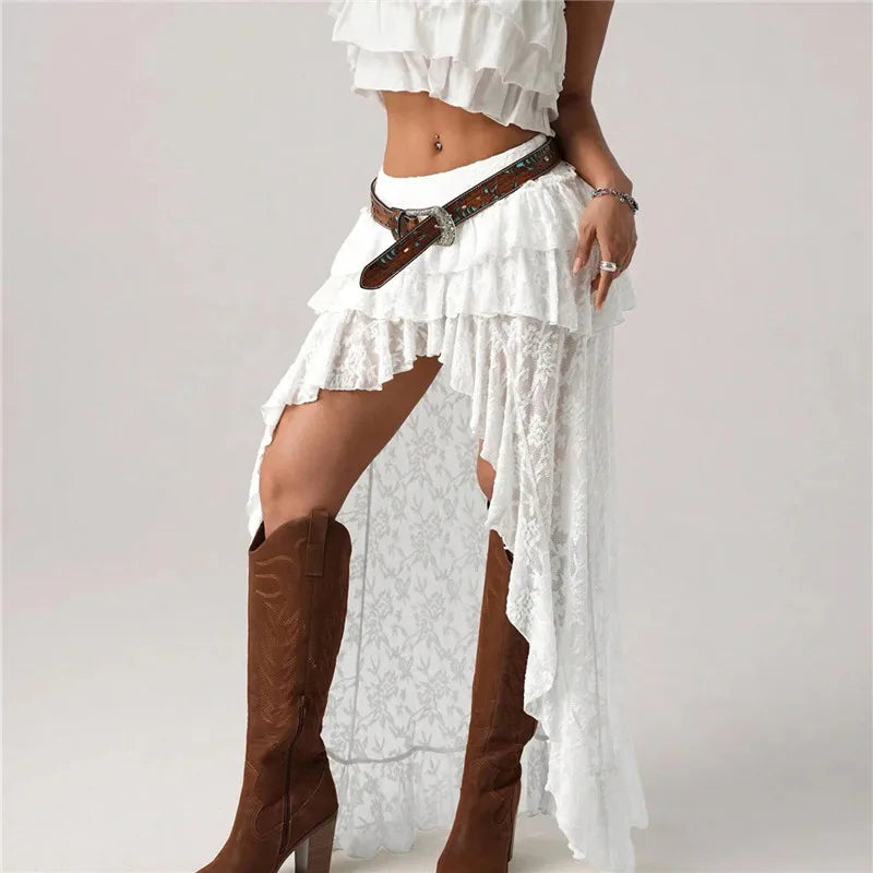 Women Layered Lace Long Skirts Solid Asymmetrical Ruffle Hem Flowy Skirts Boho Skirts