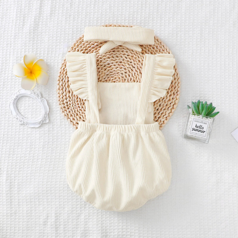 Baby Girls Rainbow Embroidered Romper with Ruffle Straps & Headband Summer Outfit