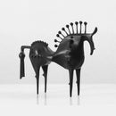 Black abstract horse sculpture on a white background, Obroi