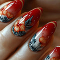 Nails with autumn-themed design featuring pumpkins and leaves on a neutral background, Obroi
