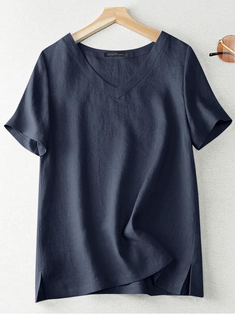 Women Blouse Summer V Neck Short Sleeve Tops Solid Casual Tunic Work Shirt Elegant Party Chemise Oversized