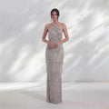Silver Luxury Prom Dresses Halter Crystal Celebrity Dress Sleeveless Tiered Tassel Evening Dress
