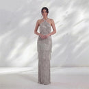 Silver Luxury Prom Dresses Halter Crystal Celebrity Dress Sleeveless Tiered Tassel Evening Dress