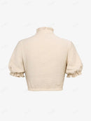 Gothic Puff Sleeves Ruffles Neck Full Buttons Cropped Top Ladies Summer Streetwear Textured T-Shirts