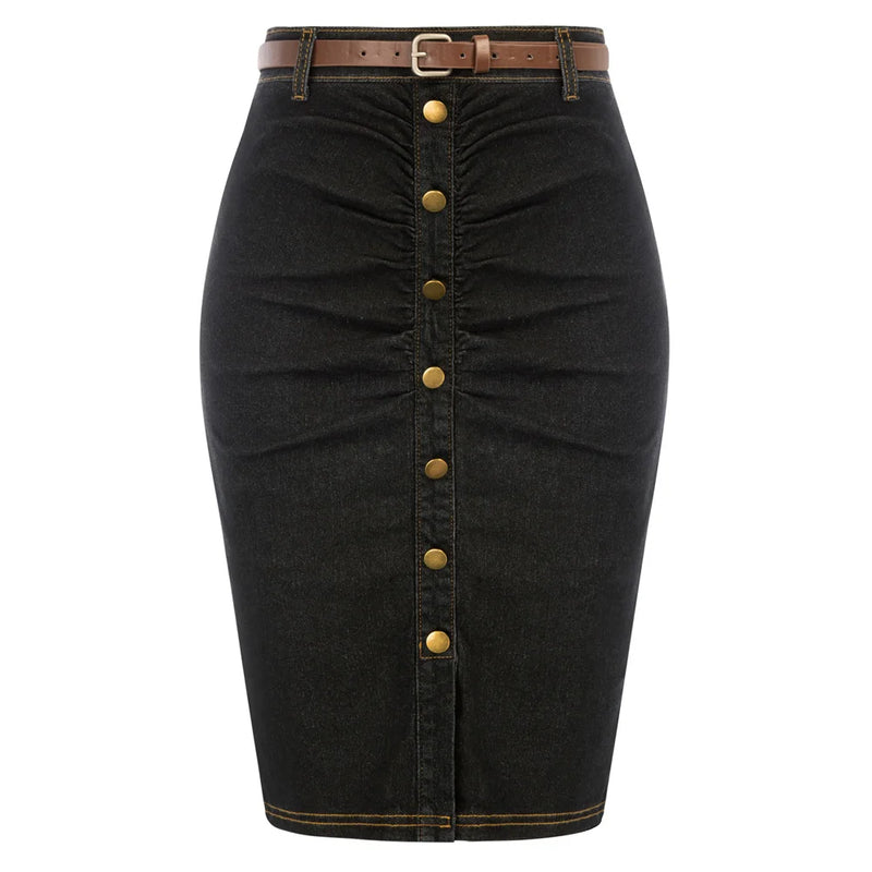 Women Jean Skirt With Belt High Waist Ruched Front Bodycon Skirt
