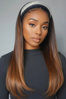 Woman with long straight hair wearing a headband against a gray background, Obroi