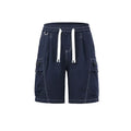 Navy blue cargo shorts with white drawstring on a white background, Obroi