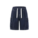 Navy blue cargo shorts with white drawstring on a white background, Obroi