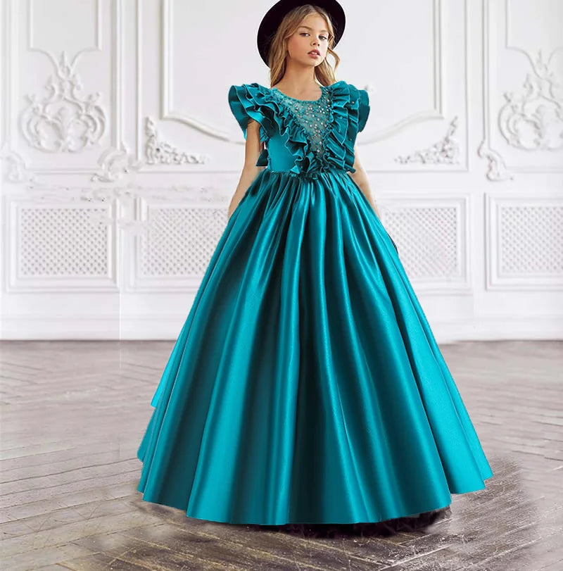 Baby Girls Flower Sequins Flying Sleeve Embroidery Dress Teenager Children's Embroidered Bow Tulle Satin Long Dress