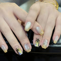 Nails with tropical design featuring palm trees and birds on a neutral background, Obroi