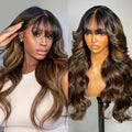 13x4 Lace Frontal Balayage Highlight Loose Wave Wig With Wispy Bangs Human Hair Glueless Wigs