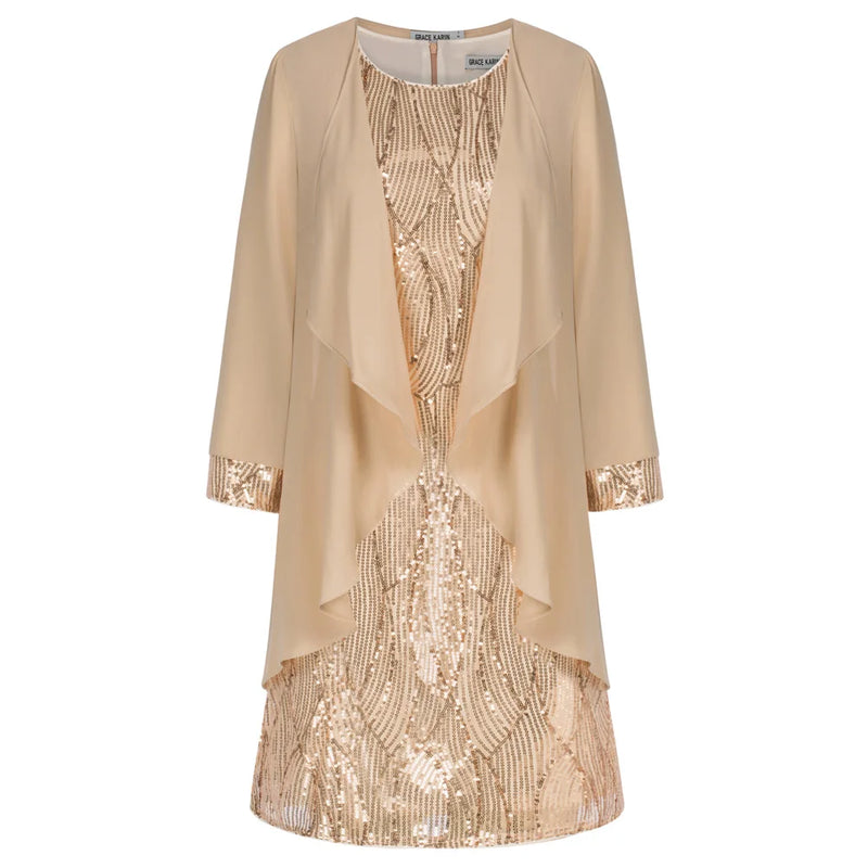Evening Dresses Women 2pcs Set Outfits Sleeveless Crew Neck Sequined Dress
