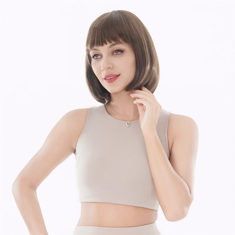Bob Short Straight Brown Swept Bangs Full Synthetic Wig