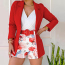 Women Blazer Shorts Set Solid Thin Coat High Waist Flower Short Pants Commute Cardigan Style Lady Outfit