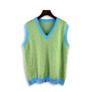 Flower Patchwork V-neck Vest Plaid Jacquard Knitted Sweater Sleeveless Oversized Spring and Autumn Casual