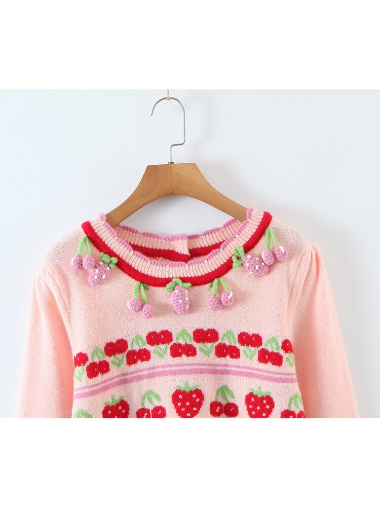 Women Autumn Winter Knit Cardigan Slim Cute O-Neck Strawberry Jacquard Reverse Wear Long Sleeve Sweater Female