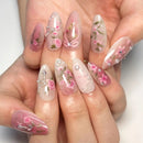 Pink Rose Cherry Blossom Bow Hand Pearl Rhinestone False Nails Detachable Finished Fake Nails Press on Nails