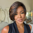 Glueless Side Part Pixie Cut Human Hair Wig Brown Highlight Layered Short Bob Wig Pre Plucked Hairline