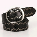 Black leather belt with silver studs and a silver buckle on a white background, Obroi