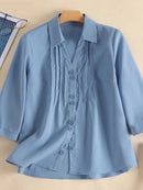 Women Shirt Lapel Neck 3/4 Sleeve Solid Tops Summer Casual Elegant Blouse Female Streetwear Loose Chemise