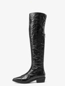 Women Pleated Thick Heel Knee High Women Boots, Knight Boots Round Toe Side Zipper Mid Leg Boots