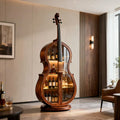 Wooden cello-shaped wine rack in a modern living room, Obroi