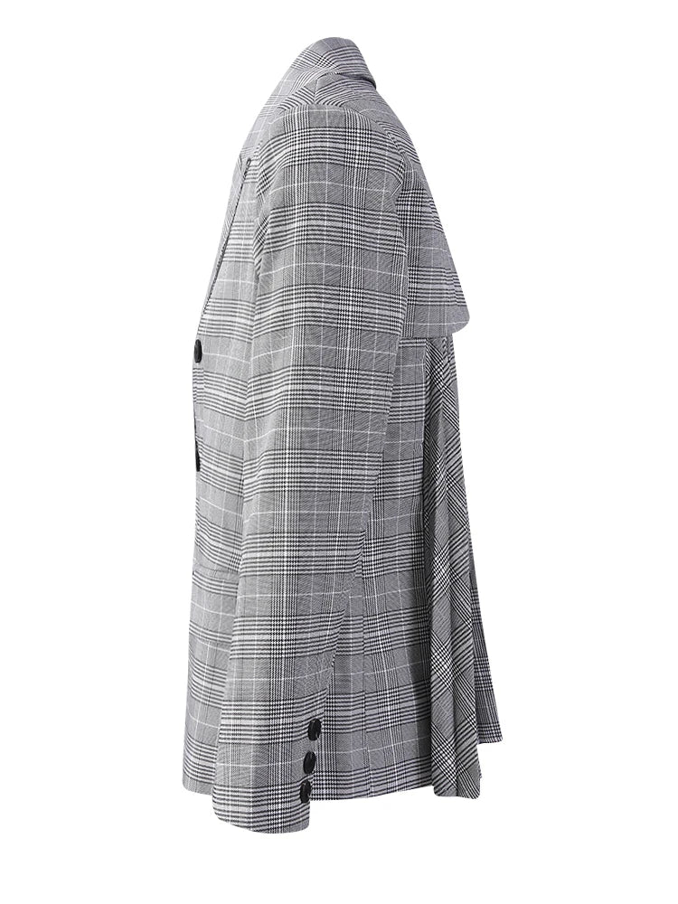 Women Plaid Double Breasted Pleated Elegant Blazer Jacket Fashion Spring Autumn