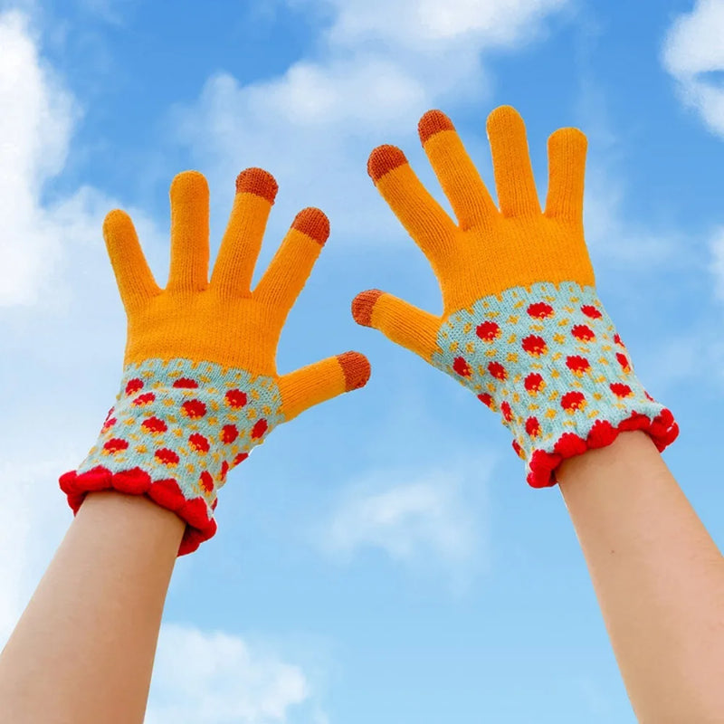 Winter warm gloves cute winter knitted ladies plus velvet cycling windproof knitted touch screen gloves