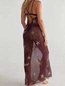 Beach Holiday Dresses Backless Slim A-line Robe Sequin Embroidery Perspective Suspender Women Long Dress