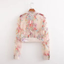 Flower Mesh Shirt Women's Pearl Buttons Tiered Transparent Blouse Short Top