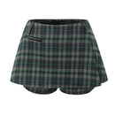 Women Dark Green Plaid Ruched Pleated Mini Skirt-Shorts Female Back zipper Short Skirts