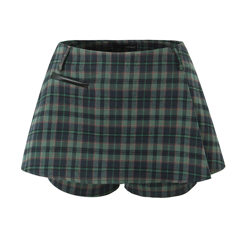 Women Dark Green Plaid Ruched Pleated Mini Skirt-Shorts Female Back zipper Short Skirts