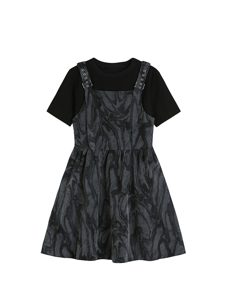 Women's Dresses Two-Piece Set Gothic Short Sleeve T-Shirts Tops Female Elegant Vintage Chic Suspender Dress Summer
