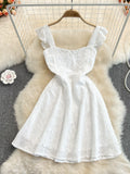 Women Hollow Out Short Dress Summer Ruffles Vintage Square Collar A Line Dresses Ladies High Waisted Beach Dress
