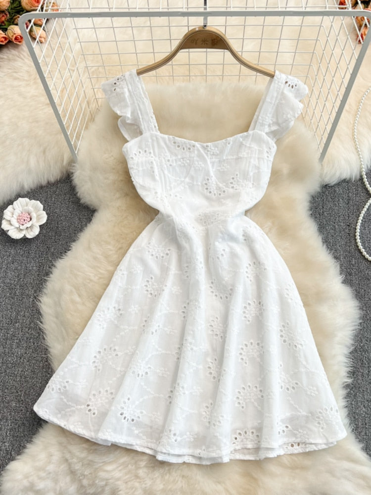Women Hollow Out Short Dress Summer Ruffles Vintage Square Collar A Line Dresses Ladies High Waisted Beach Dress