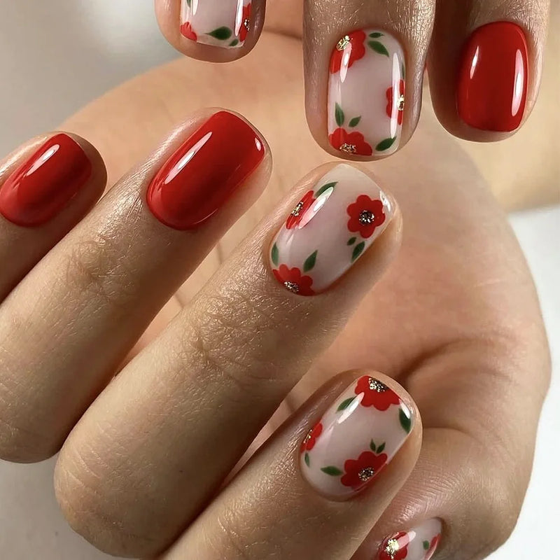Flower Full Cover Nail with Pearl Design Mid-length Ballet False Nails Press on Square Fake Nail Tip