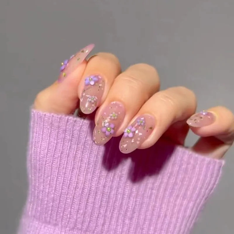 Gold Foil Decor Pink Almond False Nails for Manicure Lovers and Beauty Bloggers