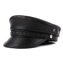 Black leather cap on a white background with text overlay, Obroi