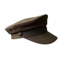 A dark brown military-style cap with a black band and button detail, shown from a three-quarters angle on a plain white background, Obroi