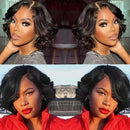 A collage of four photos showing a woman modeling a short, wavy black wig. The top row shows close-up portrait views indoors, and the bottom row shows wider outdoor views, Obroi