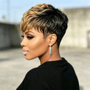 Pixie Cut Wig Wig Bangs Black Blonde Curly Layer Real Human Hair Wig For Women Females Daily Gathering Wear