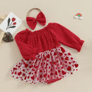 Spring Valentine's Day Infant Baby Girls Bodysuit Long Sleeve Heart Dress Headband Red Clothes