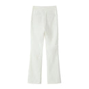 Women Vintage Mid Waist Full Length Flared Pants Elegant Office Ladies White Trousers