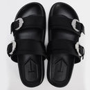 Black sandals with decorative buckles on a white background, Obroi