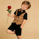 Child in formal attire holding a red rose against a beige background, Obroi