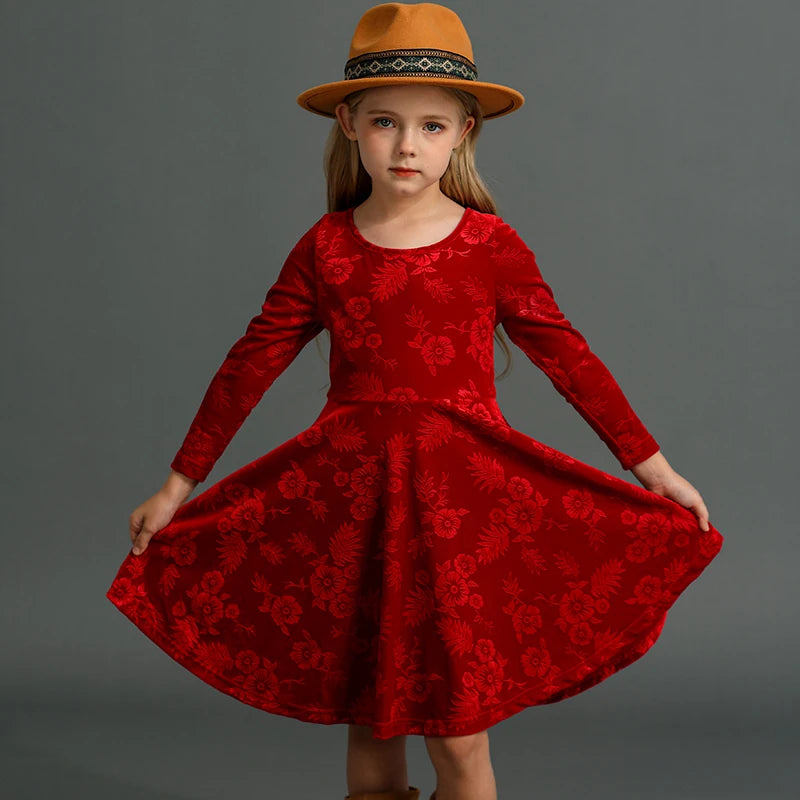 Winter and Autumn Velvet Embossed Dress for Preschool Girls Long Sleeve Swing Twist