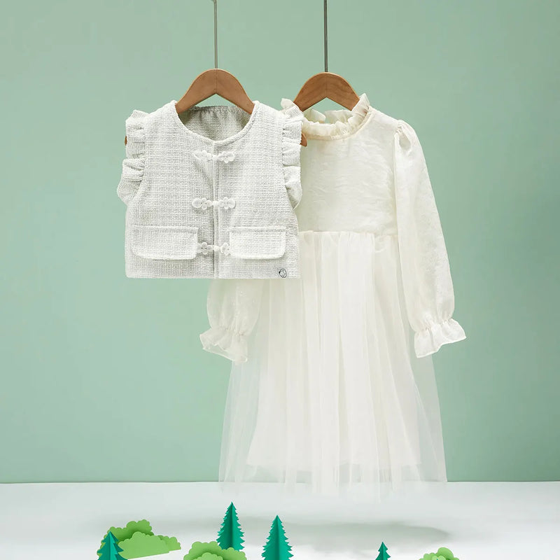 Elegant Pink Girls' Dress with Tulle Skirt and Ruffled Sleeves - Perfect for Parties and Special Occasions