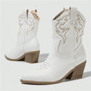 Embroidery Pointed Toe Ankle Boots Women Punk Square Heels Short Western Booties Shoes